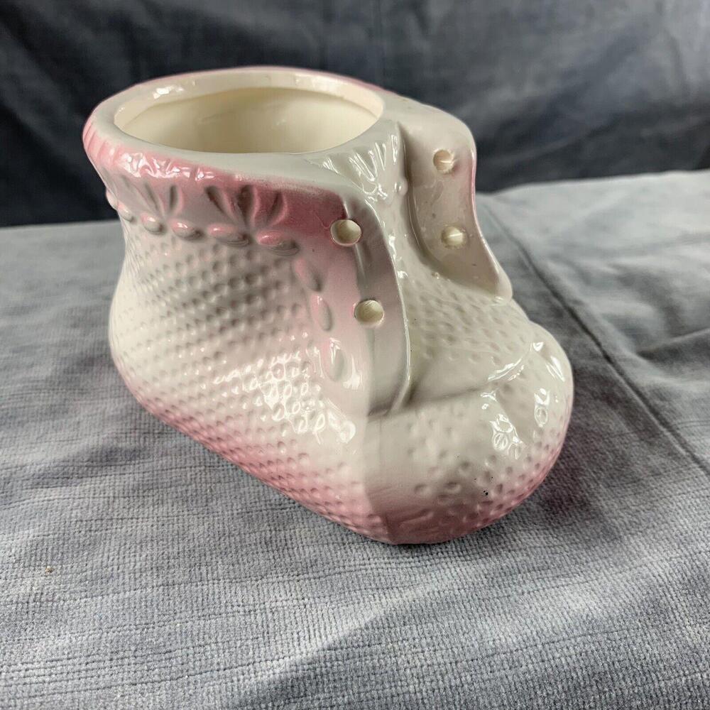 VTG Pink Baby Girl Bootie Ceramic Art Pottery Shoe Planter Trinket Holder 1960s​